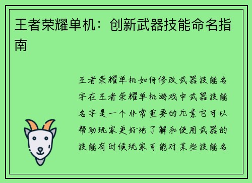 王者荣耀单机：创新武器技能命名指南